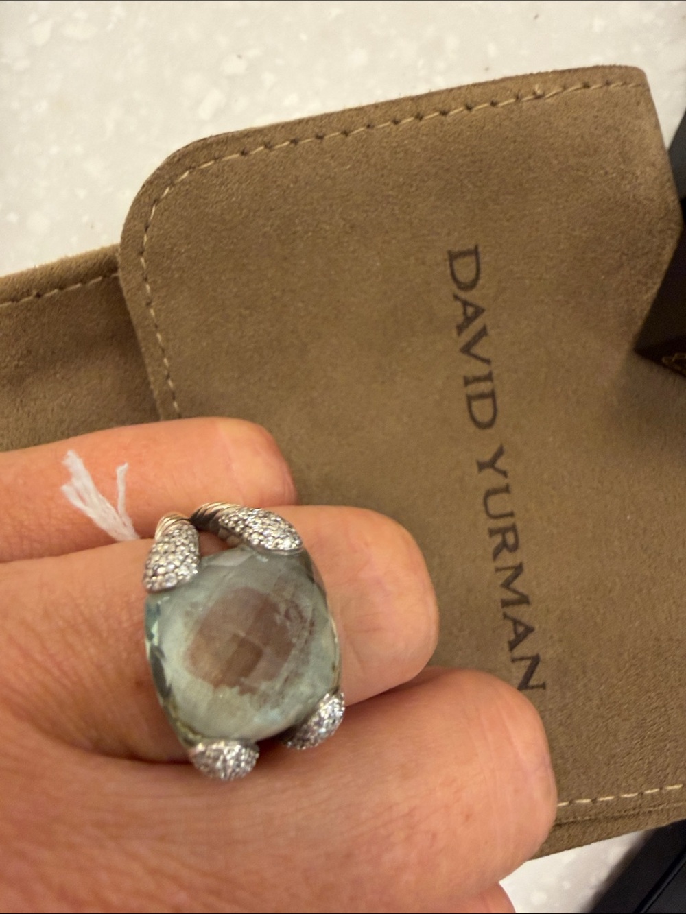 David Yurman Greenish Blue Topaz and Diamond Sterling Ring 7